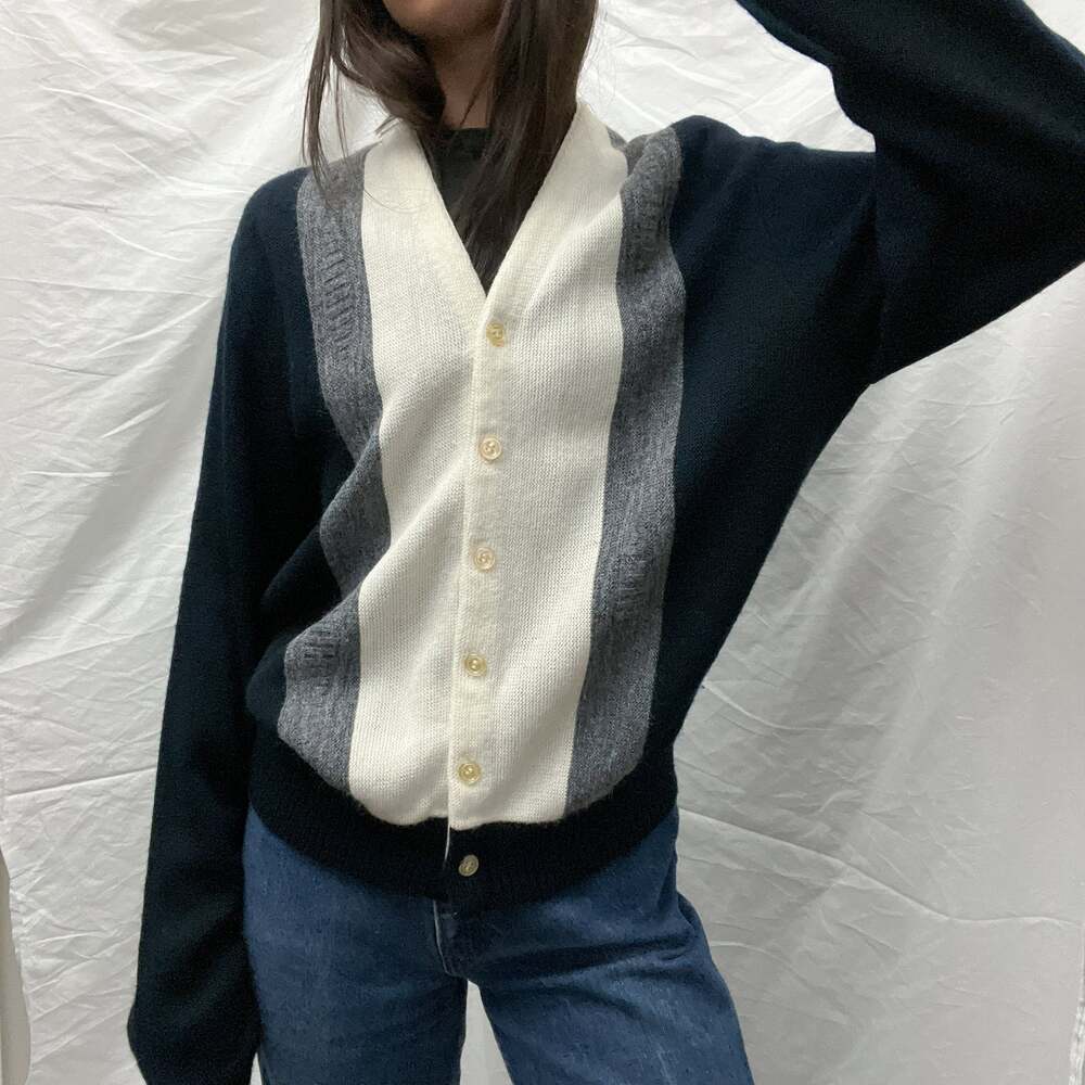 vintage wool navy blue cream colorblock oversized button cardigan sweater